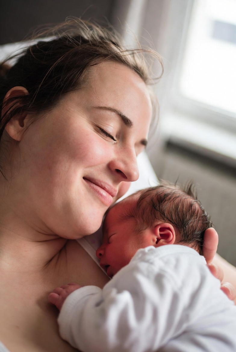 New mum holding sleeping newborn baby